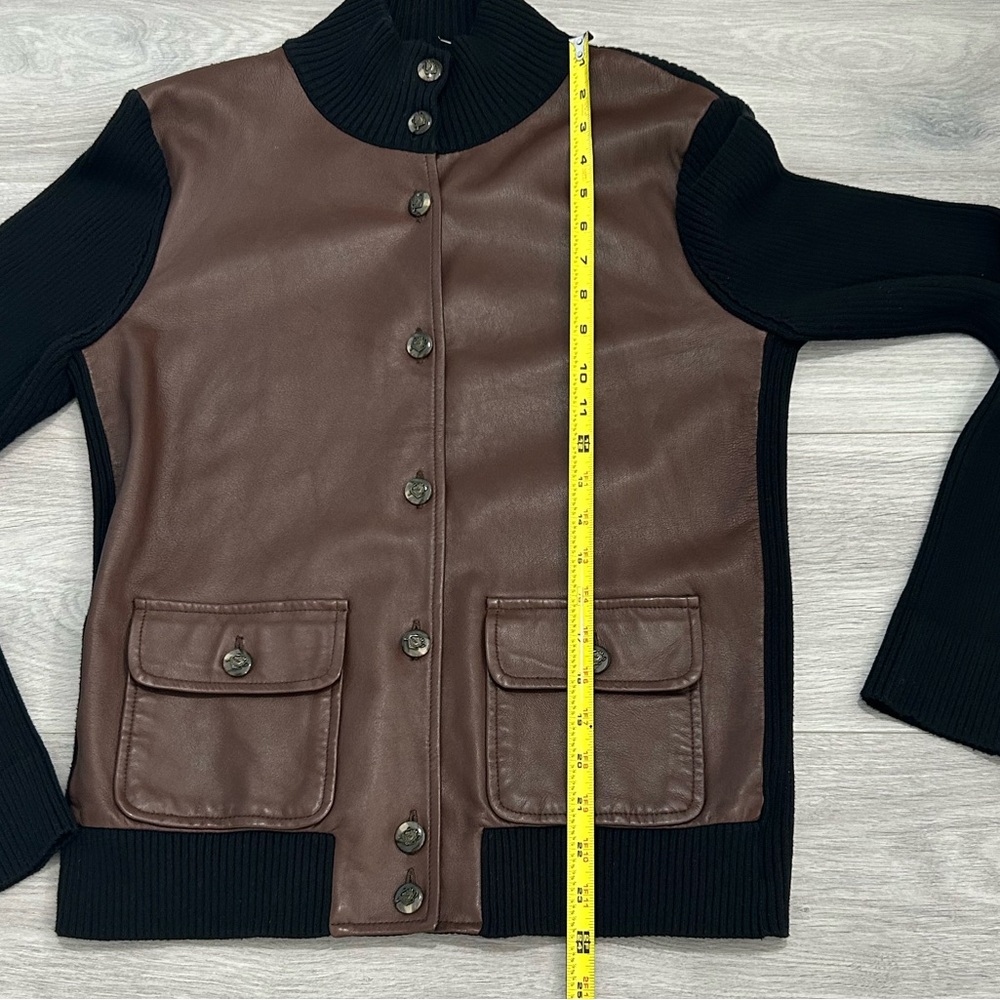 Lauren Ralph Lauren Brown Faux Leather Dark Navy (Black) Knit Cardigan - Picture 6 of 12